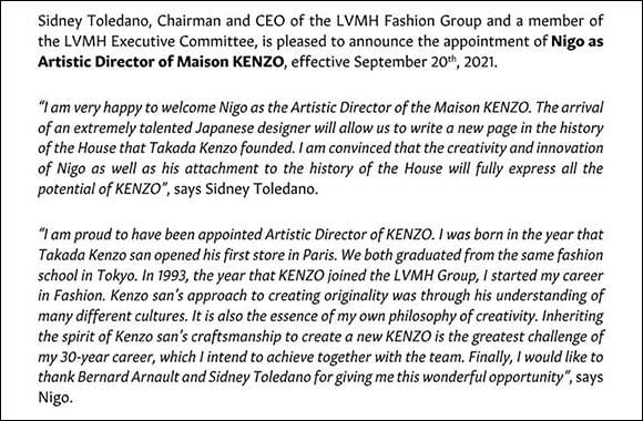 Nigo named Artistic Director of Maison KENZO