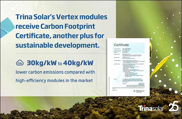 Trina Solar's Vertex Modules Receive Carbon Footprint Certificate by TÜV Rheinland