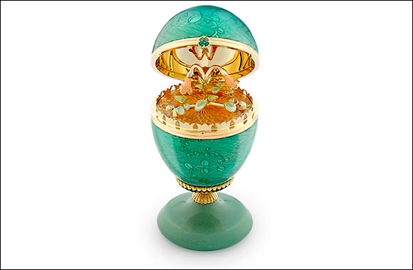 Fabergé x Gemfields Limited-Edition 18k Yellow Gold Green Guilloché Enamel Egg Objet with Twin Flower Surprise