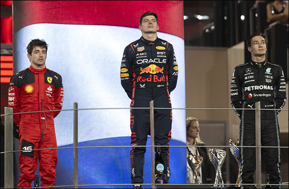 Hamdan bin Mohamed bin Zayed presents Trophy to Formula 1 Etihad Airways Abu Dhabi Grand Prix 2023 winner Max Verstappen