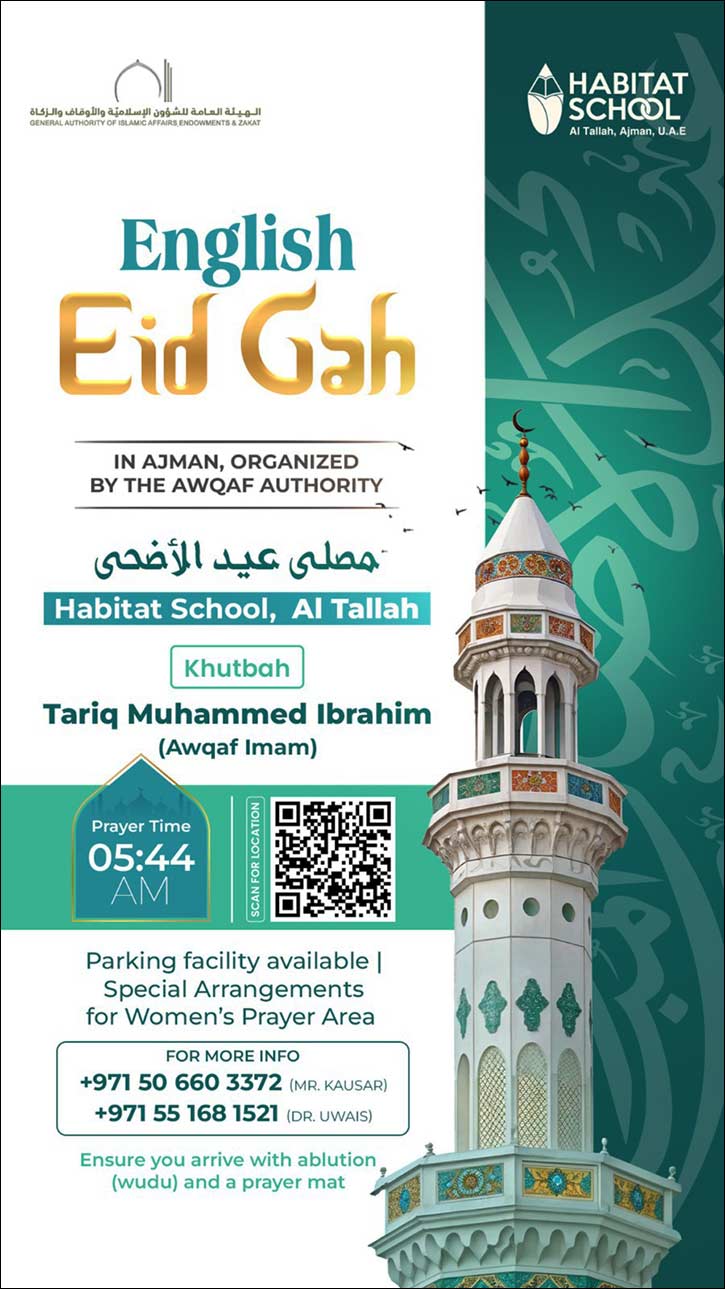 Habitat Schools in Ajman to Host Malayalam and English Eid Gah Prayers This Eid al-Adha