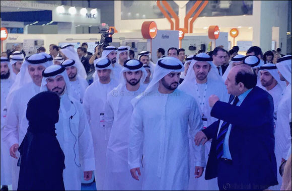 His Highness Sheikh Maktoum Bin Mohammed Bin Rashid Al Maktoum and His Highness Shaikh Mansour Bin Mohammad Bin Rashid Al Maktoum visit du on Day 1 of GITEX 2016