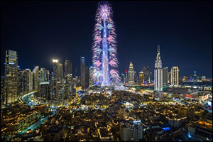 Dubai Skyline Lights Up with New Year's Fireworks during Dubai Shopping Festival