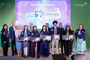 The winning Emirati students of the Astronaut Al Worden Endeavour Scholarship announced at Arab Health
