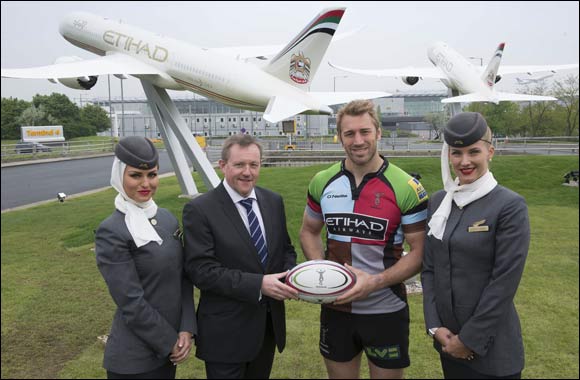Chris Robshaw joins celebrations as three Etihad Boeing Dreamliners touch down at Heathrow Terminal 4