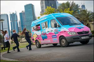 Desert Chill Ice Cream vans ring their bells for relief and deliver aid to the Palestine Children Relief Fund.
